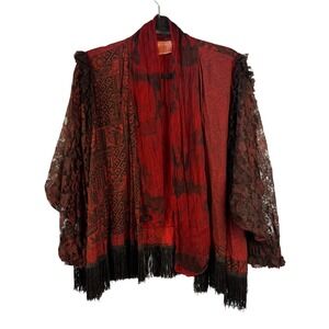 URU‎ Open Front Cardigan Lace Sleeves Chiffon Front Shawl Collar Fringe Artsy